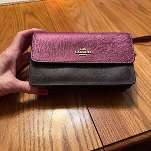 Coach fold over wristlet metallic wine and brown